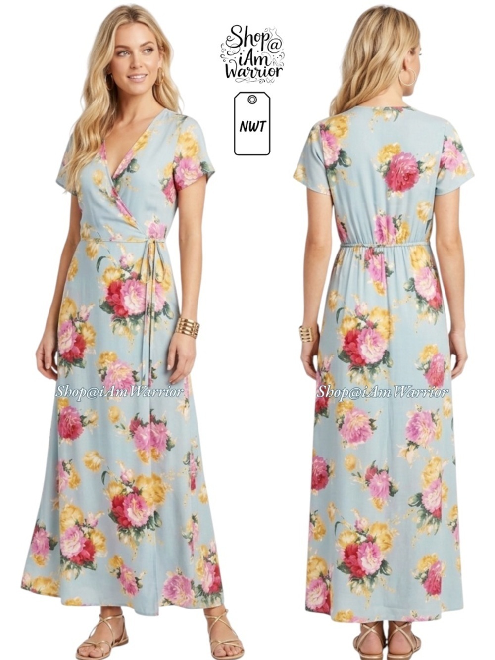 RDB Floral NWT baby blue wrap tie maxi dress *shop@iamwarrior